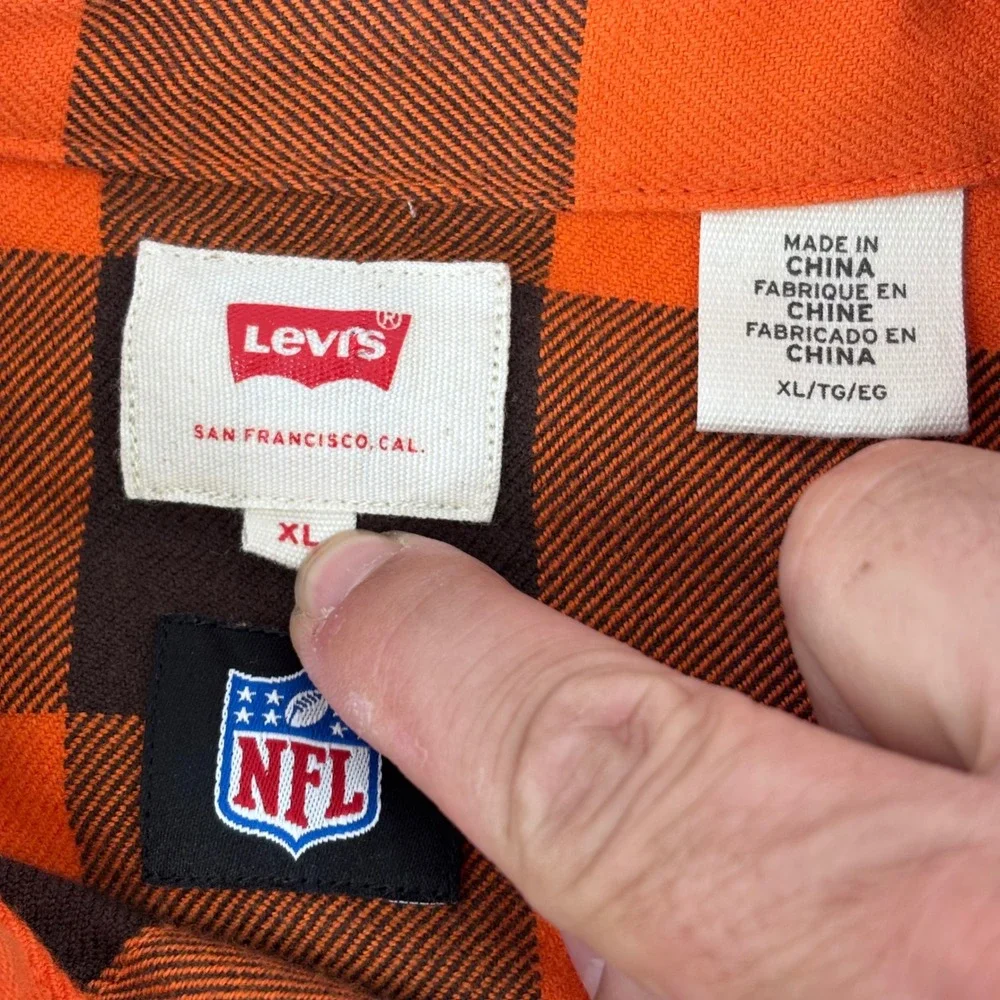 Levi's Western Flannel Shirt Men's XL Orange Black Buffalo Checkered Plaid NFL